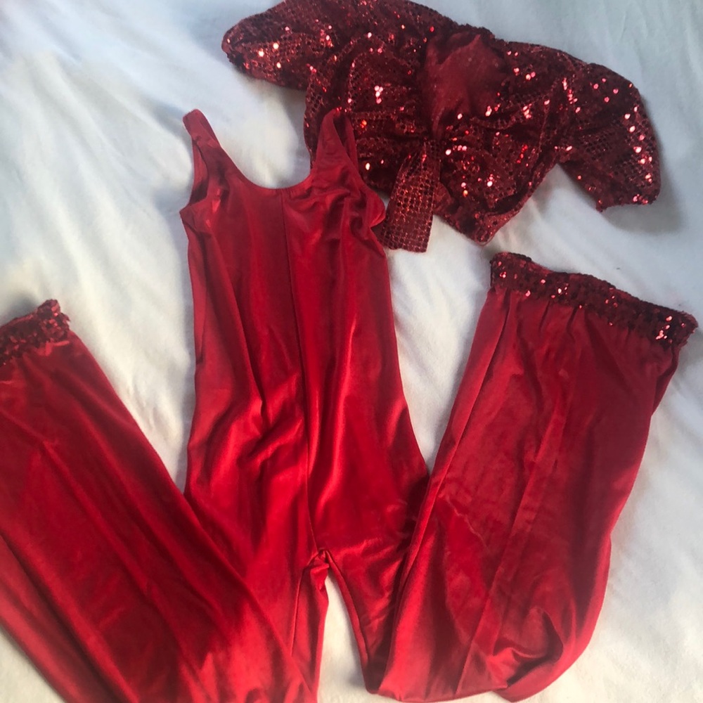 Red unitard with red sequined jacket